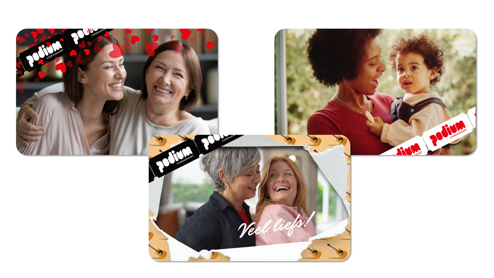 Afbeelding van drie eigen ontwerp Podium Cadeaukaarten voor Moederdag