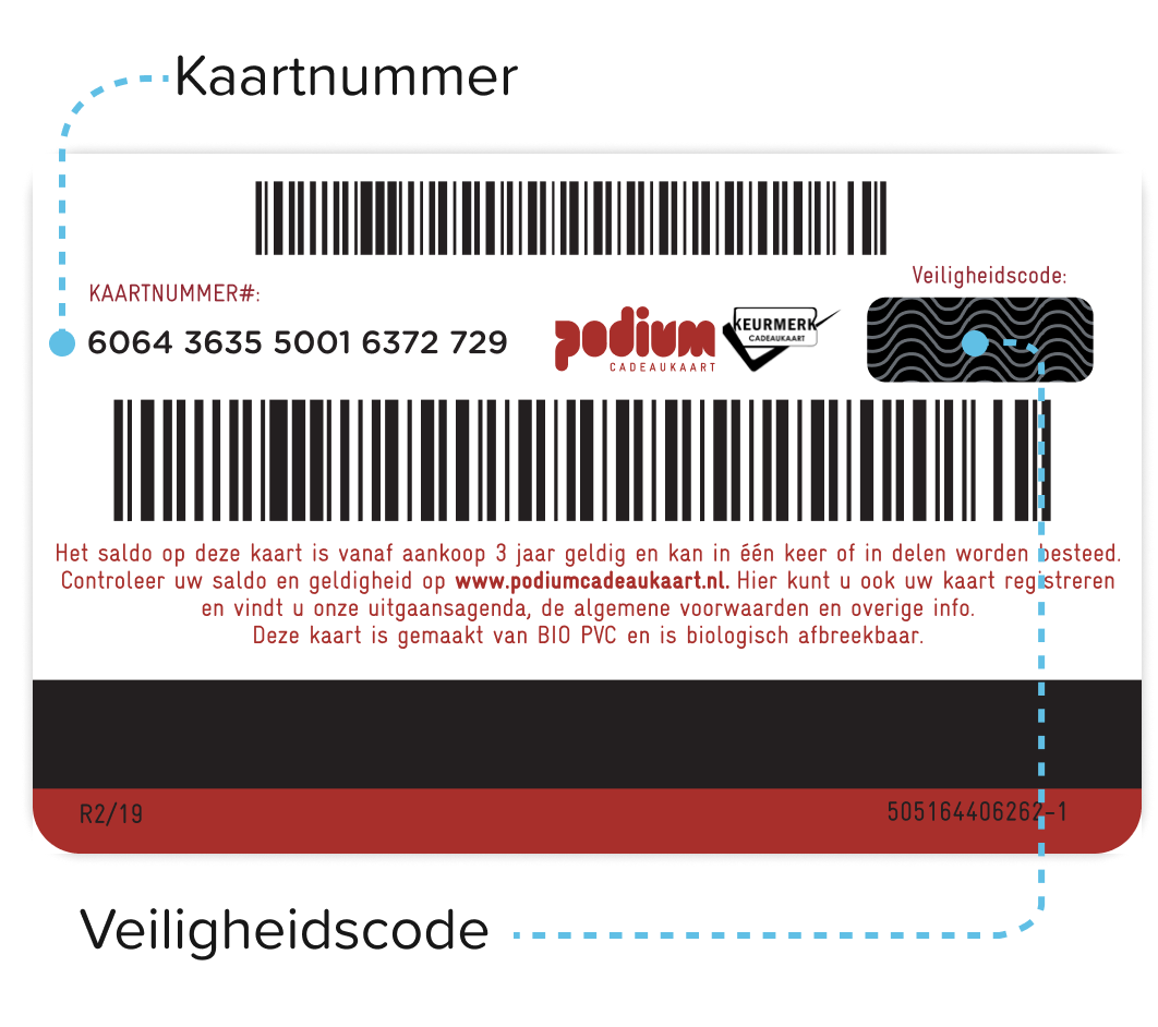 voorbeeld achterzijde Podium Cadeaukaart, waarin het kaartnummer en de kraslaag staan aangegeven: soort 3 van 4