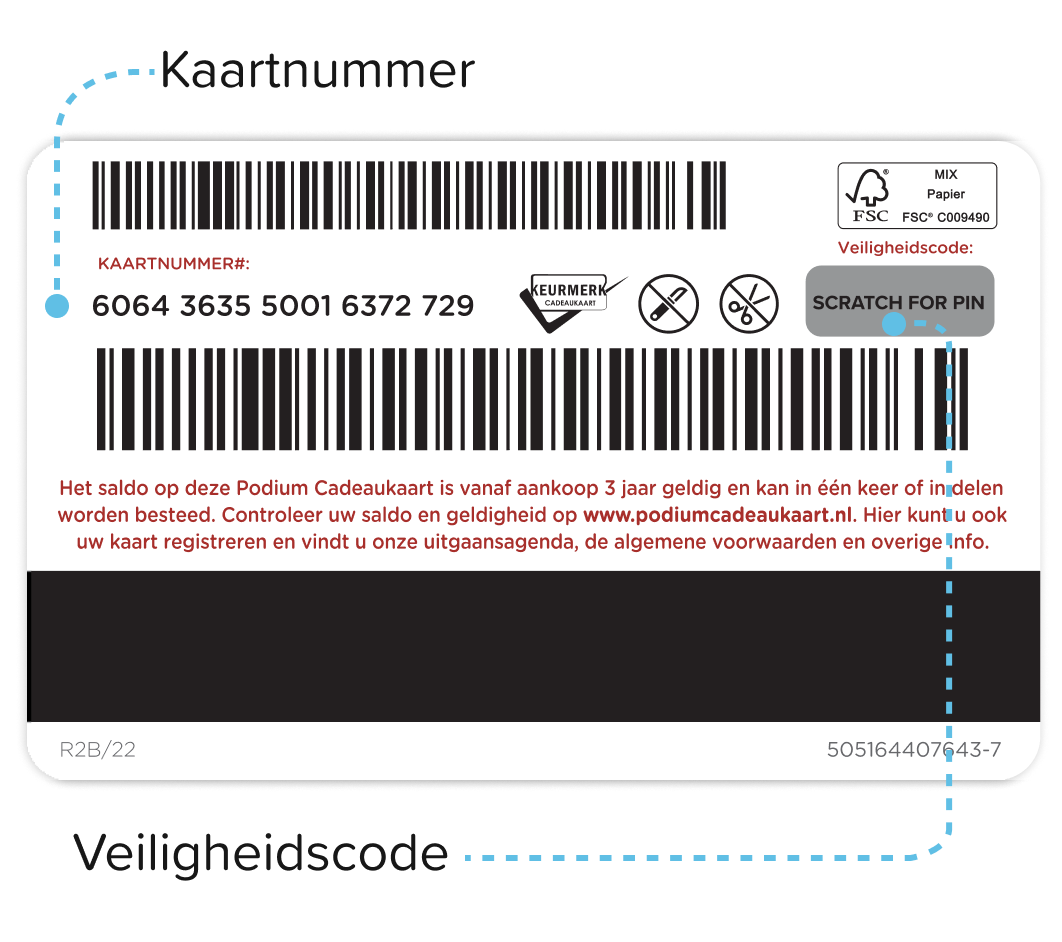 voorbeeld achterzijde Podium Cadeaukaart, waarin het kaartnummer en de kraslaag staan aangegeven: soort 2 van 4